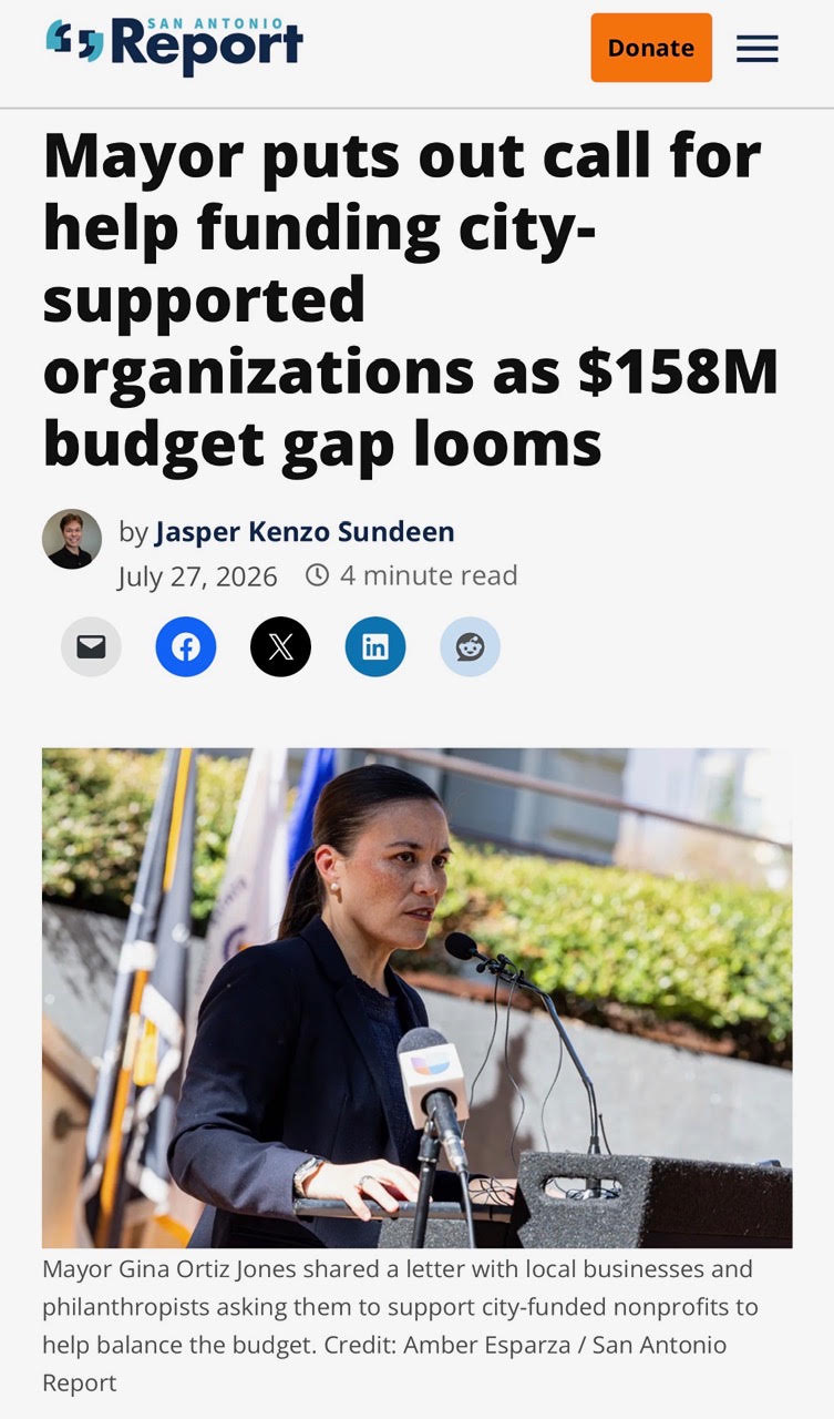 San Antonio Report article about the mayor's call for private funding of city-supported organizations