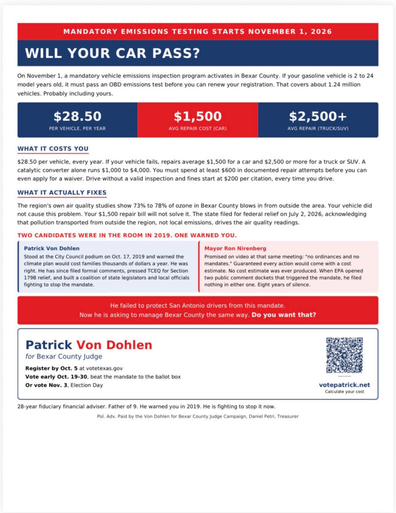 Patrick Von Dohlen campaign flyer: Will Your Car Pass? Bexar County emissions testing begins November 1, 2026.