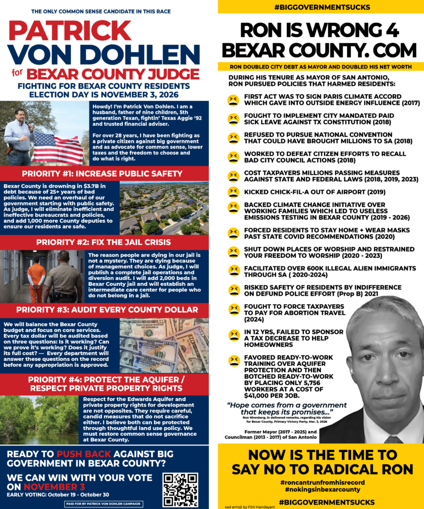 Patrick Von Dohlen for Bexar County Judge campaign push card outlining four priorities and the campaign’s comparison with Ron Nirenberg.