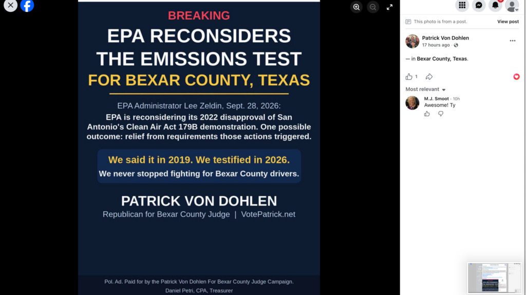 Screenshot of Patrick Von Dohlen’s EPA reconsideration campaign graphic.