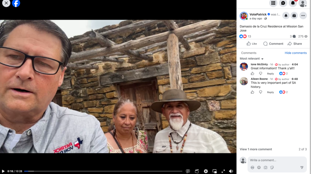 Screenshot of the VotePatrick Facebook video at the Damasio de la Cruz Residence at Mission San José.
