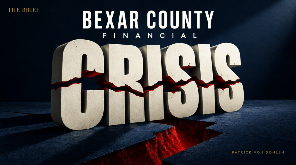 Bexar County Financial Crisis: bold ivory lettering over a dark navy background and red fissure, with Patrick Von Dohlen's name.