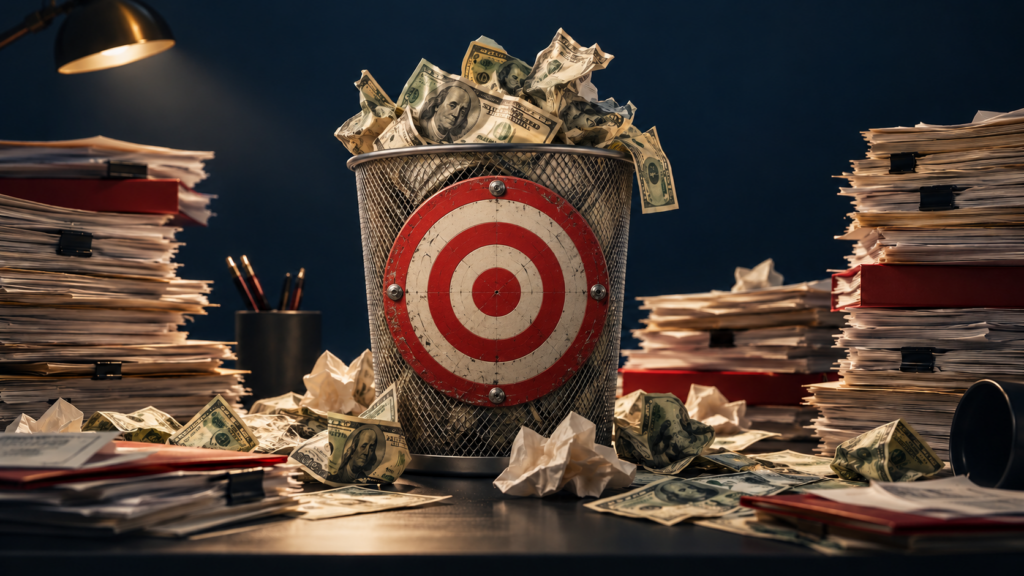 Red and white bullseye on a wastebasket overflowing with dollar bills, surrounded by paperwork.