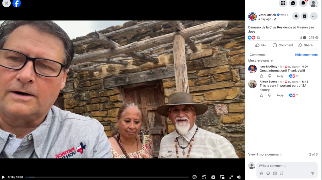 Screenshot of the VotePatrick Facebook video at the Damasio de la Cruz Residence at Mission San José.