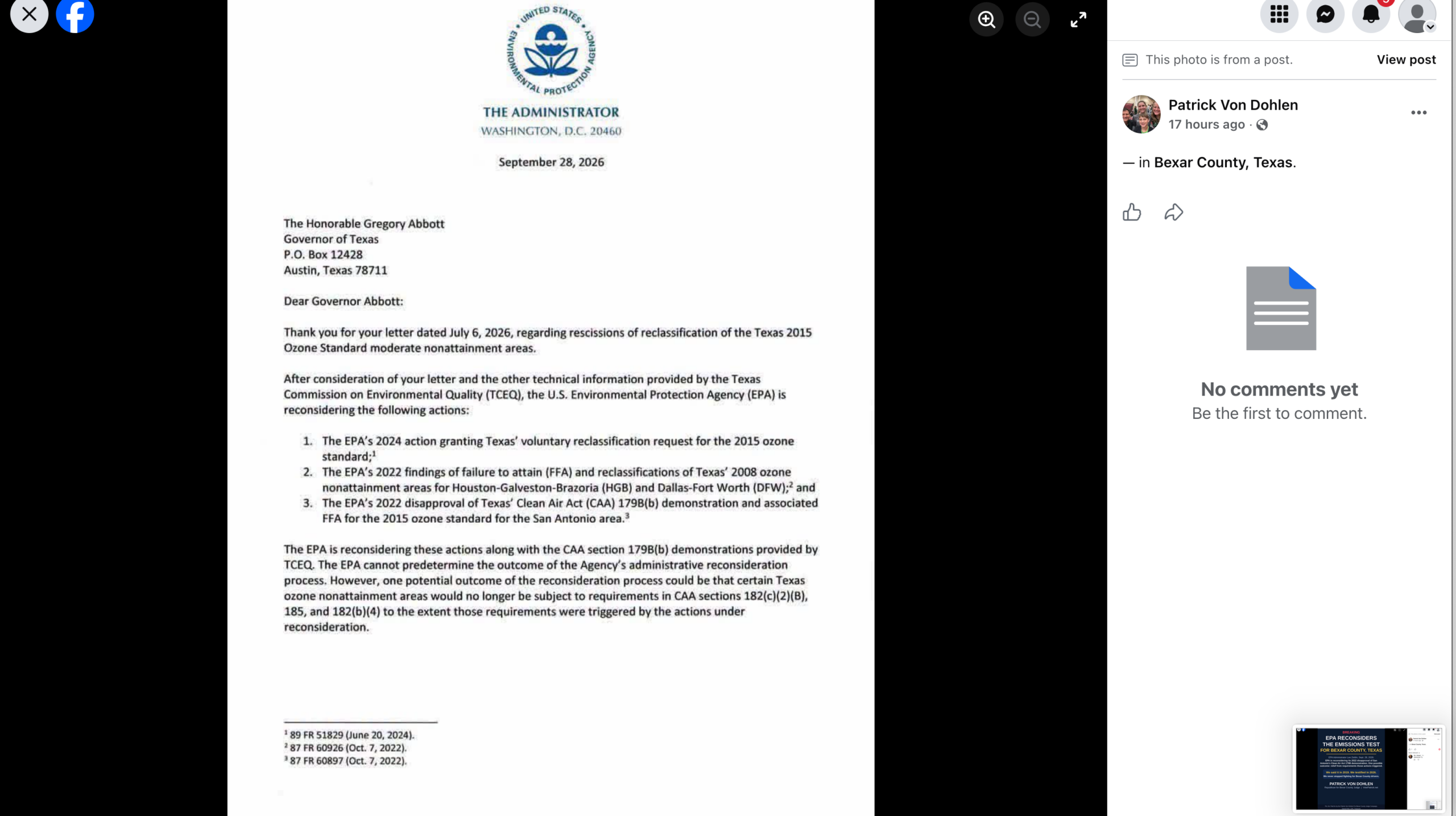 EPA letter to Governor Abbott dated September 28, 2026, page 1