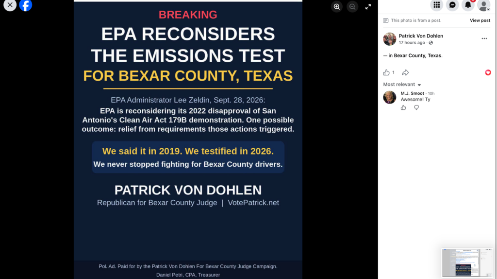 Screenshot of Patrick Von Dohlen’s EPA reconsideration campaign graphic.