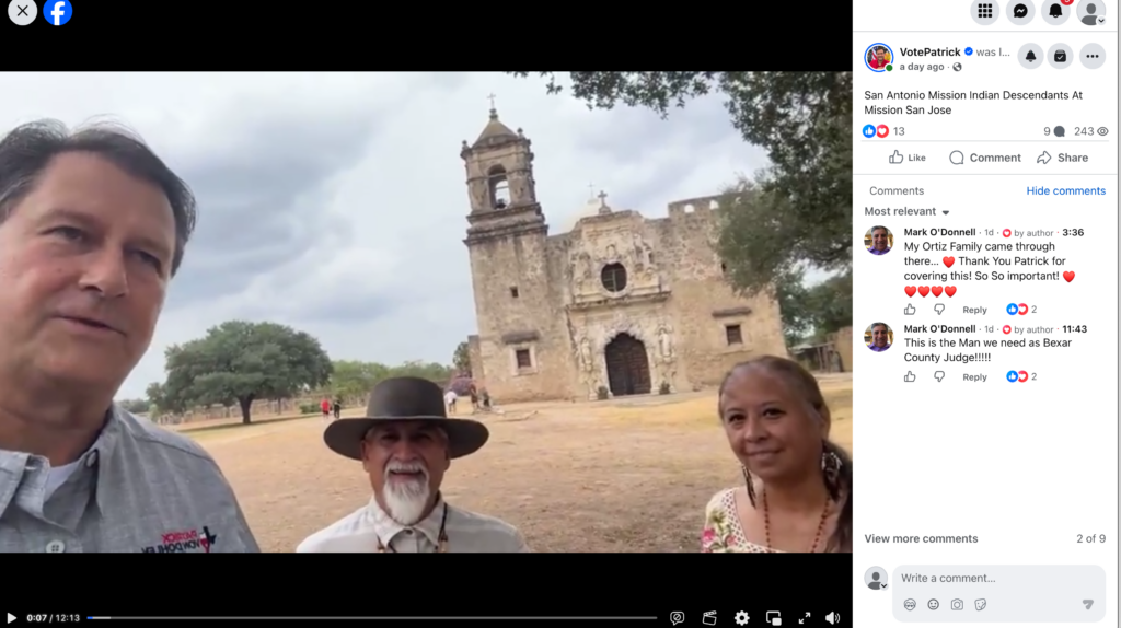Screenshot of the VotePatrick Facebook video captioned San Antonio Mission Indian Descendants at Mission San Jose.