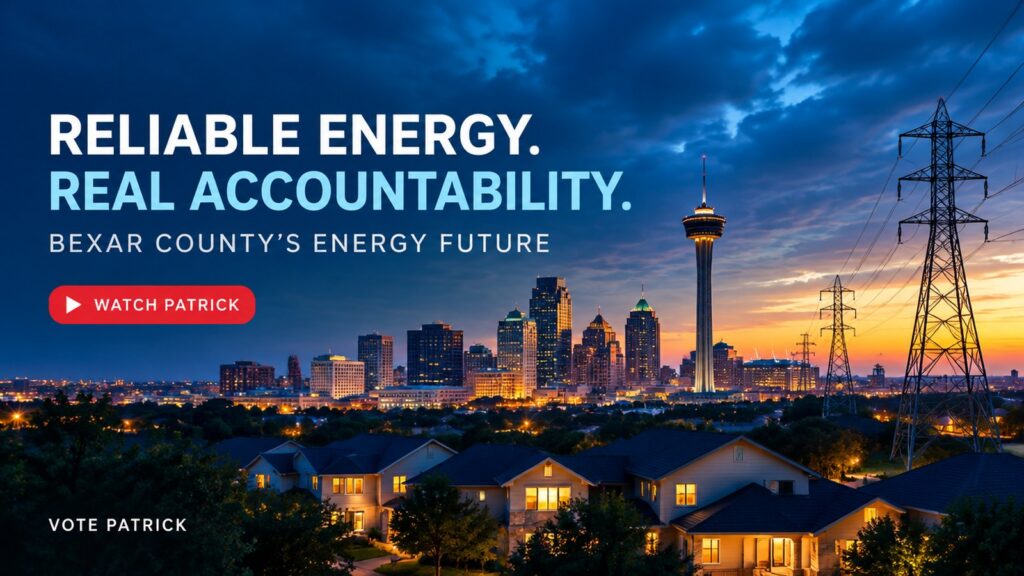 Illustration of the San Antonio skyline, illuminated homes, and power lines with the headline Reliable Energy. Real Accountability.