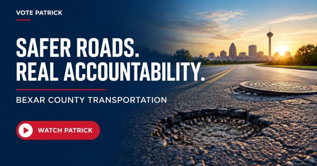 Editorial illustration of a pothole, uneven utility cover, and roadway toward a stylized San Antonio skyline, with the headline Safer Roads. Real Accountability.