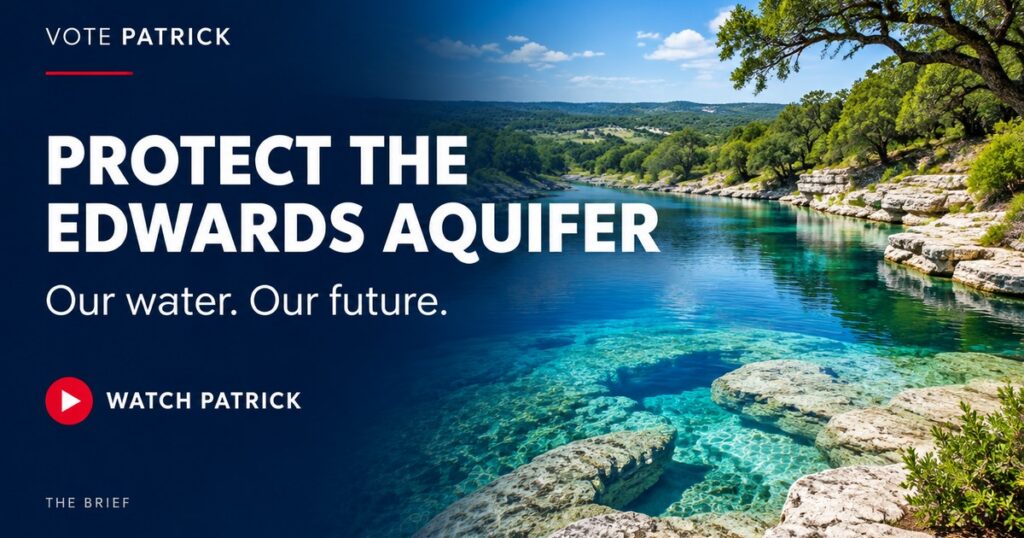 Illustrative Texas Hill Country spring water and limestone landscape with the headline Protect the Edwards Aquifer and the words Our water. Our future.