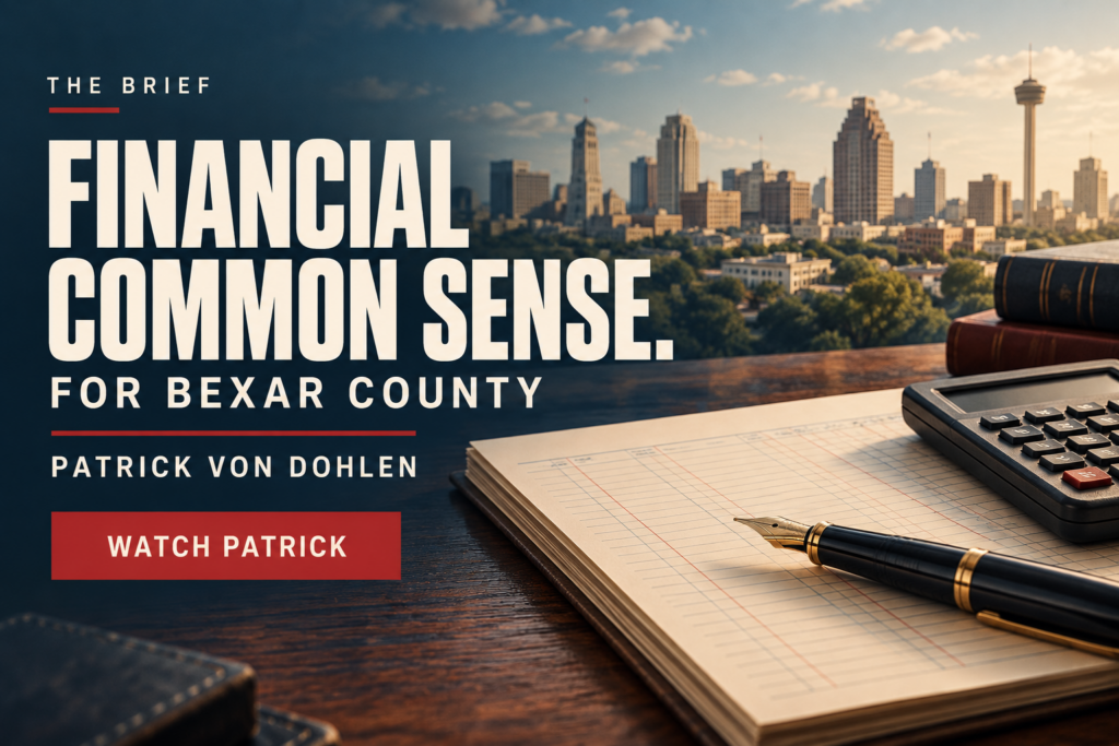 The Brief: Financial Common Sense for Bexar County, with an illustrated budget ledger, calculator, and city skyline.