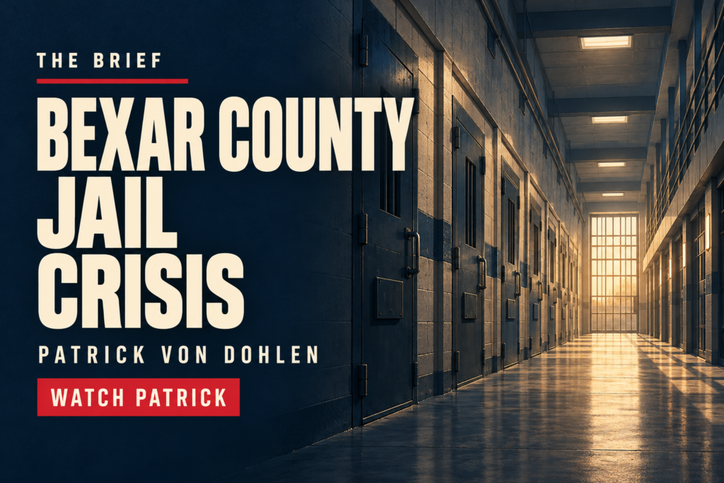 The Brief: Bexar County Jail Crisis, with an illustrated empty jail corridor.