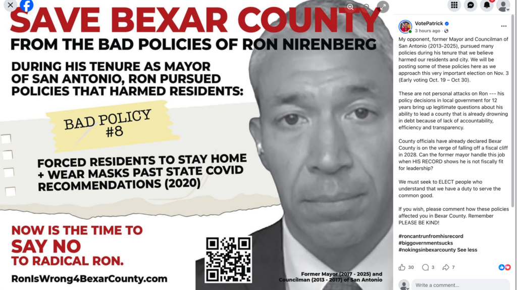 VotePatrick graphic criticizing Ron Nirenberg's COVID-era policies