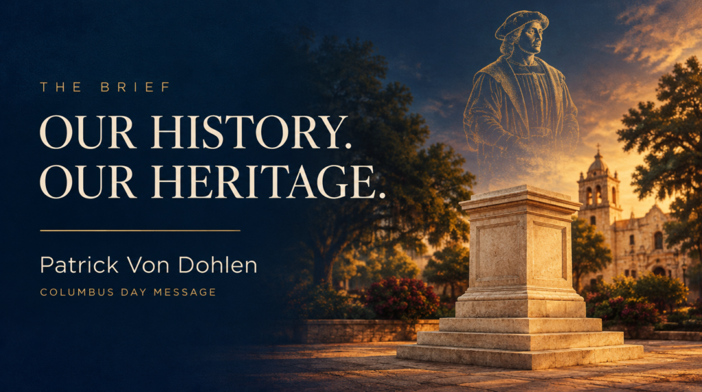 Conceptual illustration of an empty statue pedestal and a fading outline of Columbus, with the headline Our History. Our Heritage. and Patrick Von Dohlen’s name.