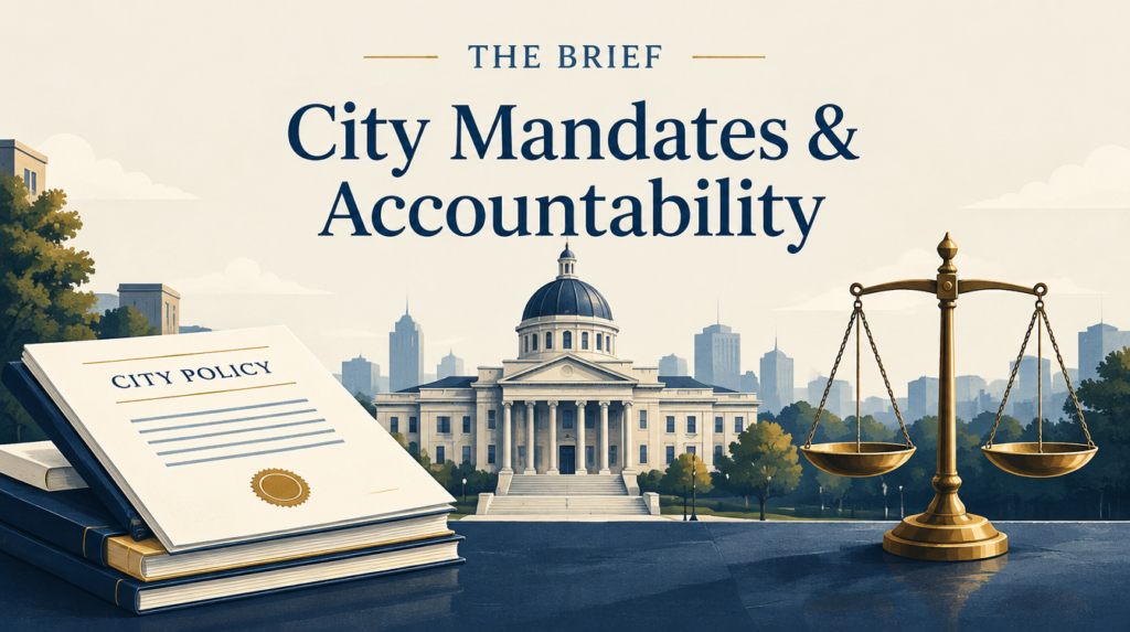Illustration of policy documents, a civic building and balanced scales.