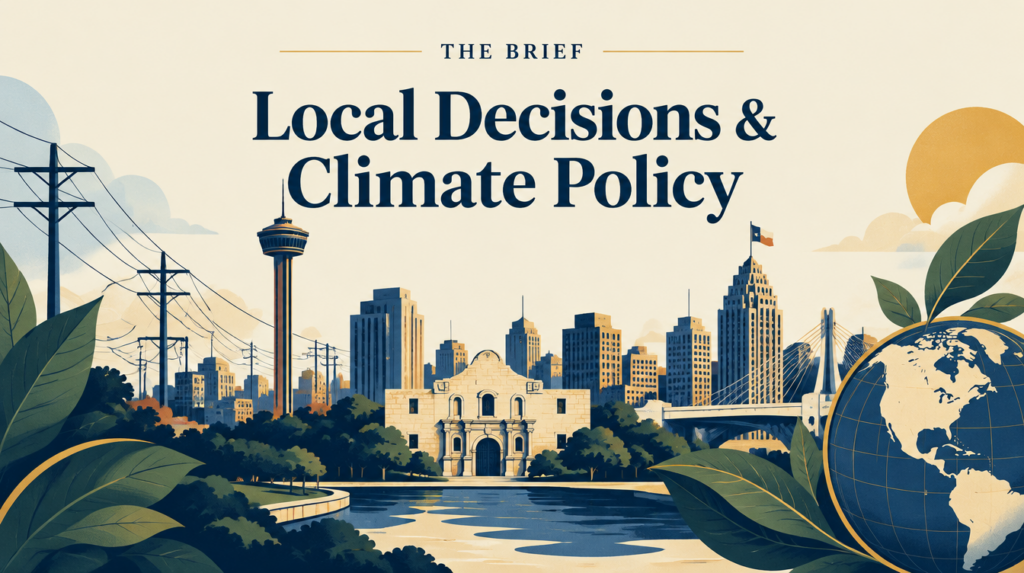 Illustration combining a city skyline, energy infrastructure and climate motifs.