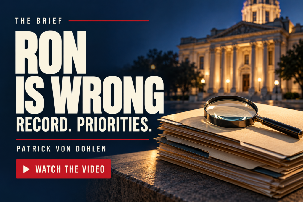 The Brief: Ron Is Wrong — Record and Priorities, with an illustration of policy folders, a magnifying glass, and a civic building.