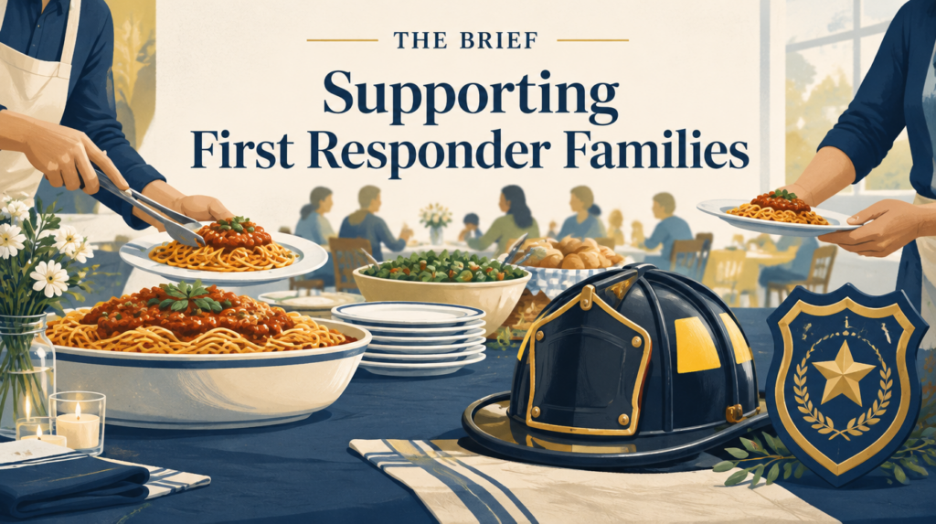 Illustration of volunteers serving a community meal alongside symbols of first responders.