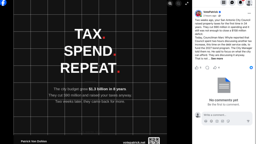 Screenshot of the VotePatrick Tax. Spend. Repeat. graphic and partial Facebook caption.