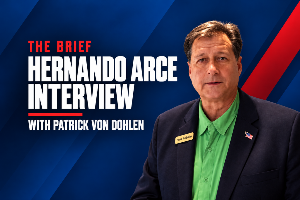 Patrick Von Dohlen portrait on a navy and red cover reading Hernando Arce Interview, with Patrick Von Dohlen.