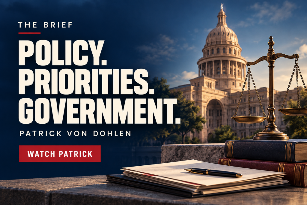 Editorial illustration of a civic building, scales, and documents with the headline Policy. Priorities. Government. and Patrick Von Dohlen’s name.