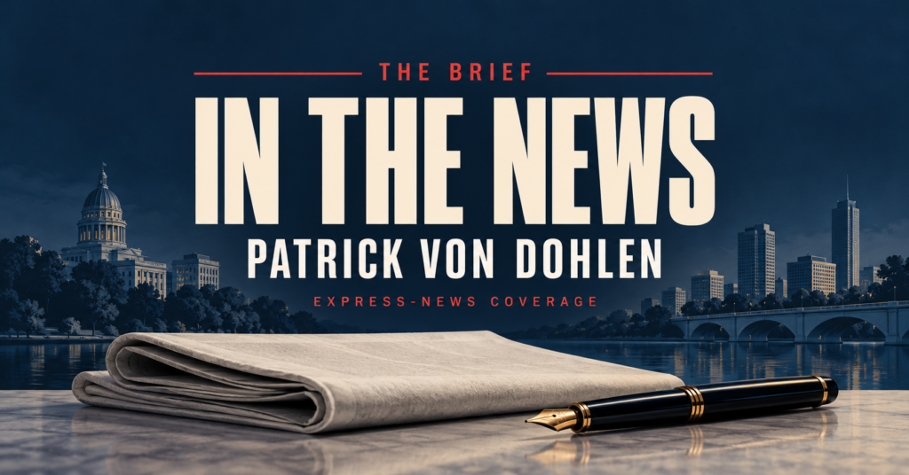 The Brief: In the News — Patrick Von Dohlen, Express-News coverage. Editorial illustration.