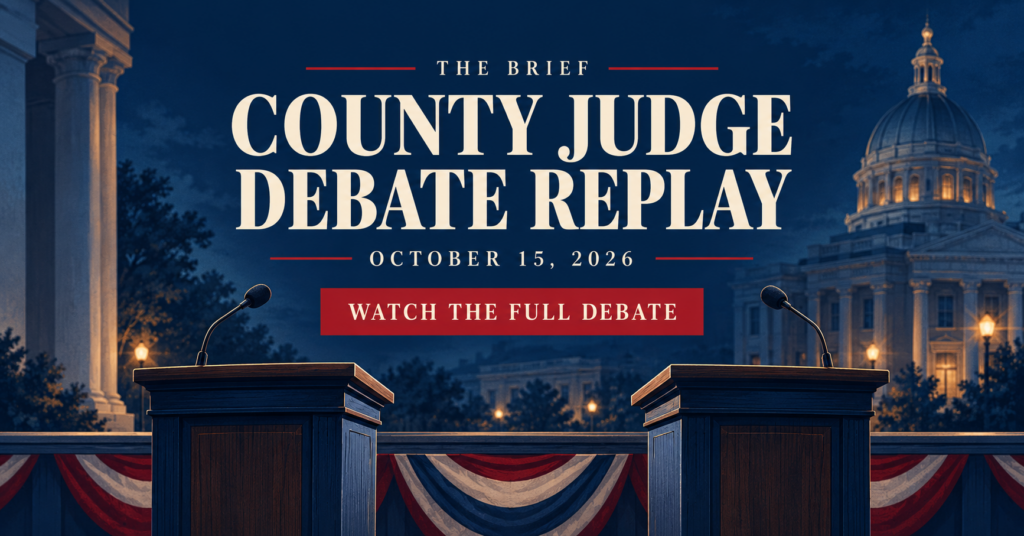 County Judge Debate Replay, October 15, 2026. Conceptual podium illustration.