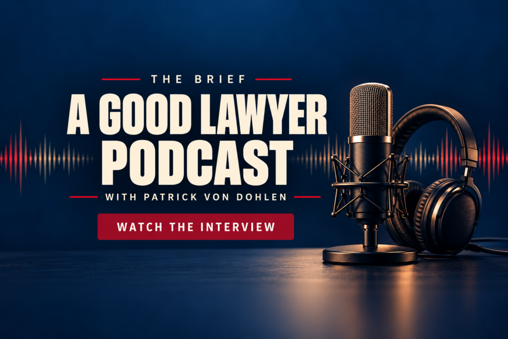 A Good Lawyer Podcast with Patrick Von Dohlen. Editorial microphone and headphones illustration.