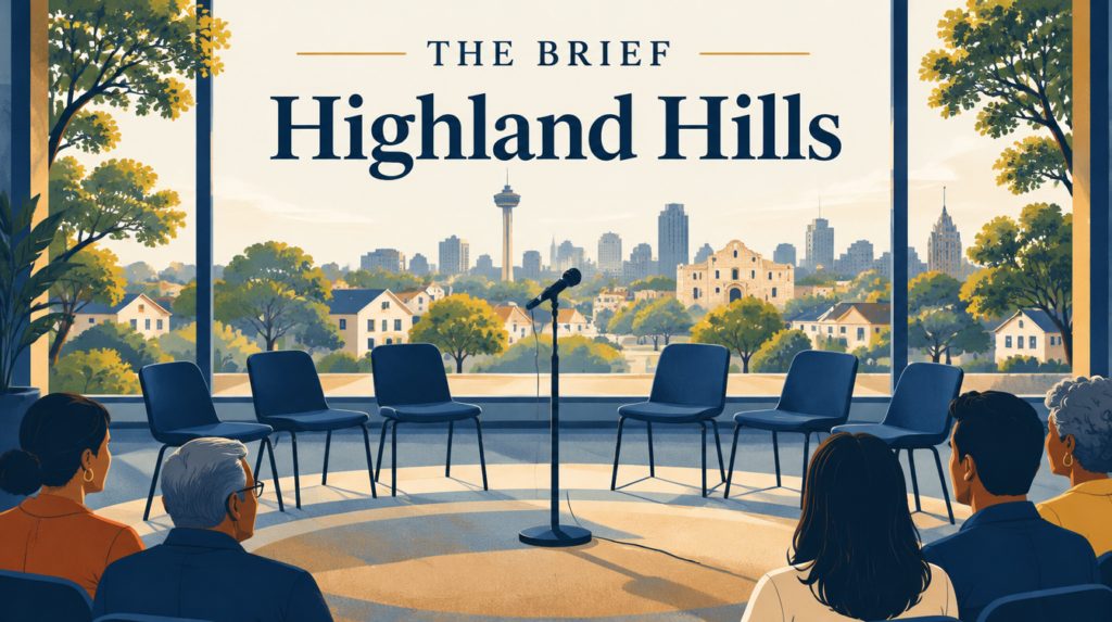 Illustration of a neighborhood meeting space with chairs and a microphone.