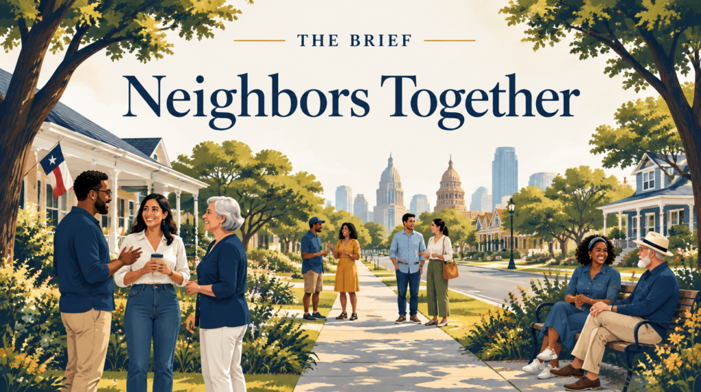 Illustration of neighbors gathering on a tree-lined Texas street.