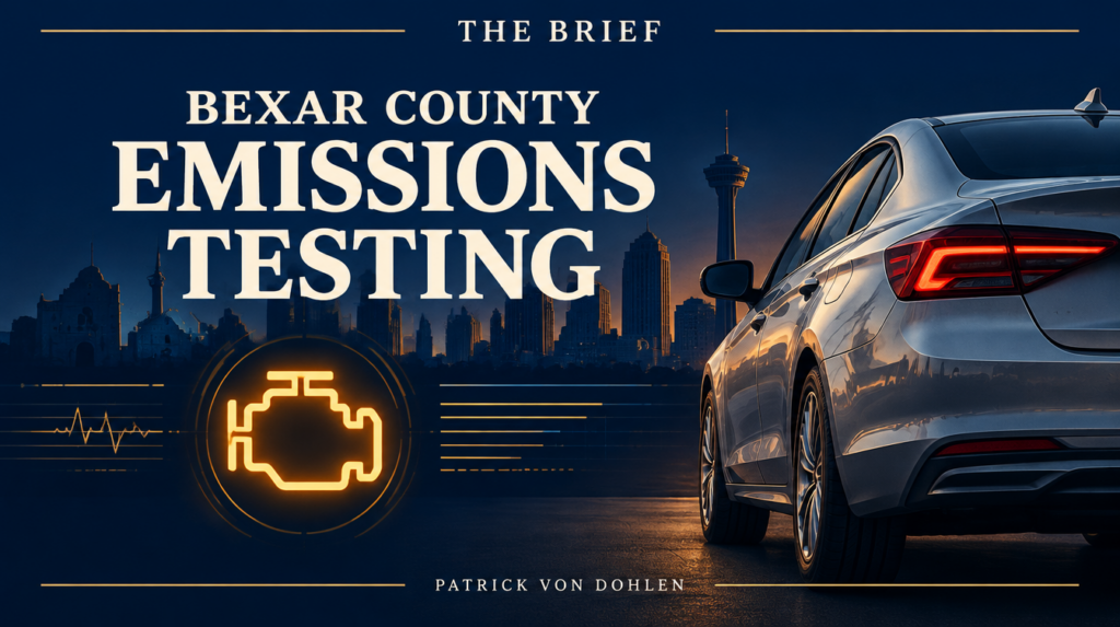 Bexar County Emissions Testing graphic with a silver sedan, amber check-engine symbol and stylized San Antonio skyline.